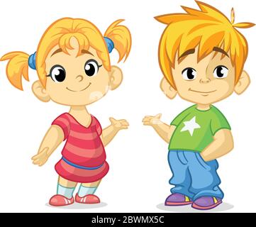 Carino ragazzo e ragazza cartoon con mani in su illustrazione vettoriale. Design di saluto per ragazzo e ragazza. Abito estivo per bambini. Vettore figli. Stile casual vestito c Illustrazione Vettoriale