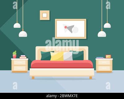 Gli interni delle camere da letto sono in stile piatto. Letto e altri mobili da camera. Illustrazione vettoriale Illustrazione Vettoriale