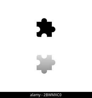 Pezzo di puzzle. Simbolo nero su sfondo bianco. Illustrazione semplice. Icona vettore piatto. Specchia ombra di riflessione. Può essere utilizzato in logo, Web, dispositivi mobili e. Illustrazione Vettoriale