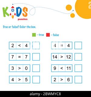 Foglio di lavoro matematico vero o falso. Foglio di lavoro confronto numeri. Facile foglio di lavoro, per bambini in età prescolare, elementare e media scuola. Illustrazione Vettoriale