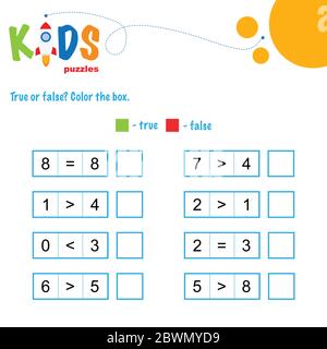 Foglio di lavoro matematico vero o falso. Foglio di lavoro confronto numeri. Facile foglio di lavoro, per bambini in età prescolare, elementare e media scuola. Illustrazione Vettoriale