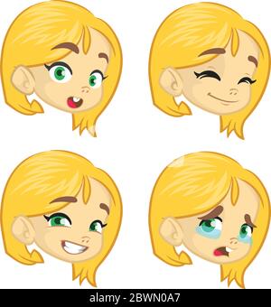 Set di espressione per ragazza bionda Cartoon. Carino cartone animato vettore ragazza faccia emozioni raccolta Illustrazione Vettoriale