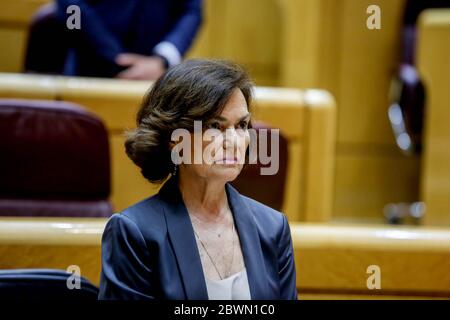 Madrid, Spagna; 02/06/2020.- Carmen Calvo Poyato primo Vicepresidente e Ministro della Presidenza del Governo del Regno di Spagna. Sessione plenaria al Senato del Regno di Spagna, in cui si discutono, tra l'altro, i costi del reddito minimo per la vita e la legge sulla dipendenza; La proposta della legge che modifica la legge 19/2007, del luglio 11, contro la violenza, il razzismo, la xenofobia e l'intolleranza nello sport, per sradicare omofobia, bifobia e transfobia; e la proposta di legge per modificare la legge 14/2011, del 1 giugno, sulla scienza, la tecnologia e l'innovazione. Foto: Europa Press Foto Stock