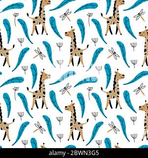 Motivo senza cuciture con simpatici giraffe cartoni animati. Illustrazione vettoriale. Illustrazione Vettoriale