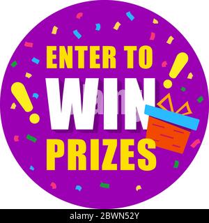 Bright Sticker con testo, partecipa per vincere premi. Cerchio viola su sfondo bianco. Fuochi d'artificio o confetti intorno all'iscrizione. Illustrazione vettoriale Illustrazione Vettoriale