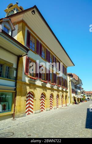 Municipio (Rathaus) di Rathausgasse in Murten (Morat). Friburgo Cantone, Svizzera. Foto Stock