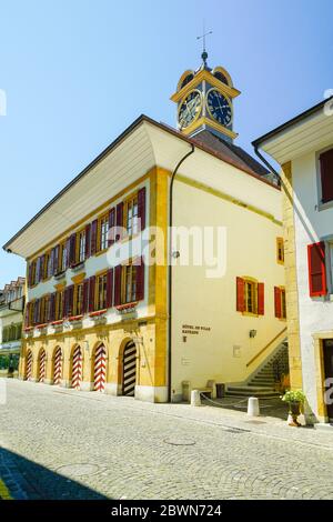 Municipio (Rathaus) di Rathausgasse in Murten (Morat). Friburgo Cantone, Svizzera. Foto Stock