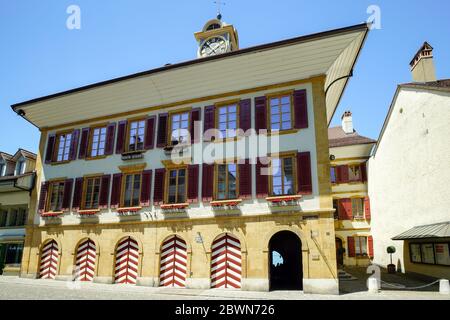 Municipio (Rathaus) di Rathausgasse in Murten (Morat). Friburgo Cantone, Svizzera. Foto Stock