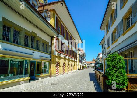 Municipio (Rathaus) di Rathausgasse in Murten (Morat). Friburgo Cantone, Svizzera. Foto Stock