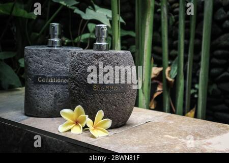 Diverse bottiglie di pietra con shampoo, gel e balsamo su ripiano in pietra con frangipani in doccia esterna. Concetto di cosmetica biologica. Foto Stock