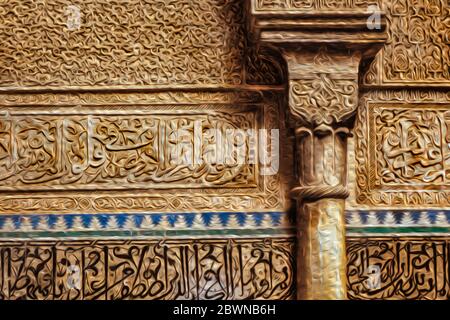 Colonna e parete decorate con squisiti e complessi arabeschi a Fez, Marocco. Foto Stock