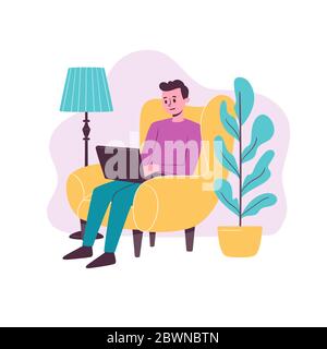 Uomo seduto su una sedia ad ala che lavora sul suo laptop. Illustrazione vettoriale piatta isolata su sfondo bianco. Illustrazione Vettoriale