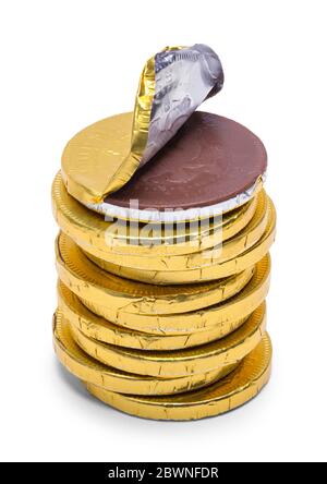 Apri pila di cioccolato in oro isolato su bianco. Foto Stock
