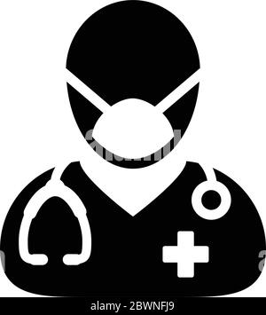Icona del medico vettore con maschera chirurgica viso uomo profilo persona simbolo avatar con stetoscopio per la consultazione medica in pittogramma Glyph Illustrazione Vettoriale
