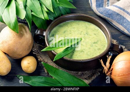 Zuppa di crema Ramsons in un recipiente bianco Foto Stock