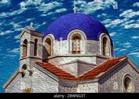 Piccola chiesa ortodossa di Agios Ioannis Prodromos con la tipica cupola blu in una giornata di sole a Capo Sounion, in Grecia. Foto Stock