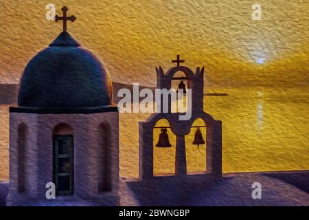 Tipica cupola blu e campane dalla chiesa ortodossa al tramonto a Santorini. Una splendida isola vulcanica con antica civiltà, in Grecia. Foto Stock