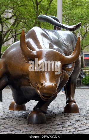 Ricarica Bull di Arturo di Modica. Una scultura in bronzo che è venuta a rappresentare Wall Street, situata a Bowling Green, Manhattan, New York. Nessuna gente Foto Stock