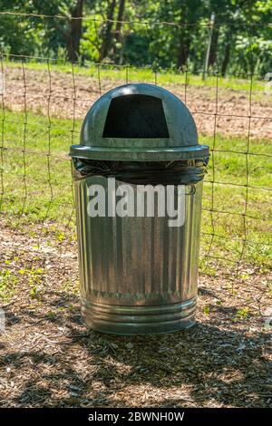 Una nuova e brillante spazzatura può pulire con un coperchio a cupola e una borsa nera in plastica all'interno all'ombra in una giornata di sole in un parco in estate Foto Stock