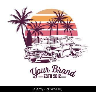 Design estivo d'epoca con auto d'epoca. Vettore stratificato Illustrazione Vettoriale