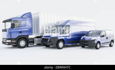 Semi-container camion allineati con Blue Delivery furgoni su sfondo bianco 3D rendering Foto Stock