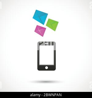 Smartphone Vector nero con icone astratte a busta luminosa. Logo colorato Illustrazione Vettoriale