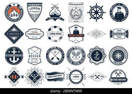 Set di logotipi e insegne d'epoca. Elementi di progettazione vettoriali, logo, identità, oggetti, etichette e badge. Illustrazione Vettoriale