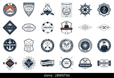 Set di logotipi e insegne d'epoca. Elementi di progettazione vettoriali, logo, identità, oggetti, etichette e badge. Illustrazione Vettoriale