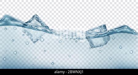 Cubetti di ghiaccio traslucidi e bolle d'aria che galleggiano in acqua su sfondo trasparente. Illustrazione vettoriale in grigio. Trasparenza solo in vettore per Illustrazione Vettoriale