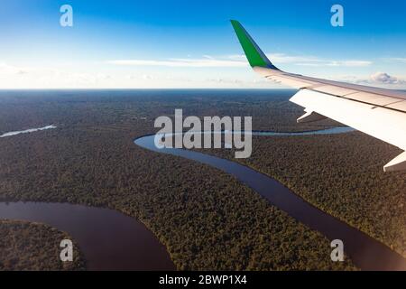 Amazzonas fiume, vista dall'aereo, ala dell'aereo, concetto di viaggio. Foto Stock