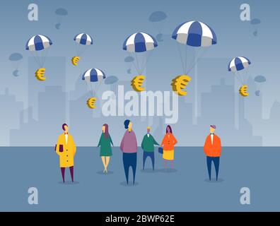 Euro fluttuanti nei paesi dell'UE come piano di aiuto finanziario per l'imminente recessione dal COVID-19. I cittadini guardano sullo sfondo della città. Illustrazione Vettoriale