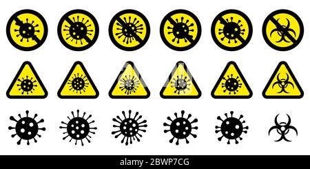 Set di cartelli di avvertenza per coronavirus. Simboli del virus in cerchi e triangoli incrociati. Giallo e nero su sfondo bianco Illustrazione Vettoriale