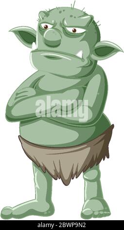 Goblin verde scuro o troll posa in piedi con la faccia di rabbia in illustrazione carattere isolato cartoon Illustrazione Vettoriale