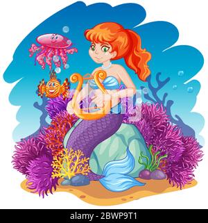 Sirena e animale marino tema stile cartone animato sotto mare illustrazione di sfondo Illustrazione Vettoriale