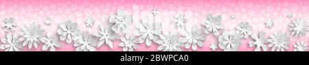 Banner con texture floreale in colori rosa e fiori di carta bianca di grandi dimensioni con ombre morbide. Con ripetizione orizzontale senza interruzioni Illustrazione Vettoriale