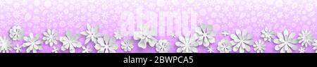 Banner con texture floreale in colori viola e fiori di carta bianca di grandi dimensioni con ombre morbide. Con ripetizione orizzontale senza interruzioni Illustrazione Vettoriale