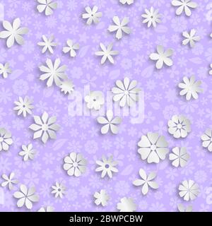 Motivo senza cuciture con texture floreale in colori viola e fiori di carta bianca di grandi dimensioni con ombre morbide Illustrazione Vettoriale