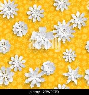 Motivo senza cuciture con texture floreale in colori gialli e fiori di carta bianca di grandi dimensioni con ombre morbide Illustrazione Vettoriale
