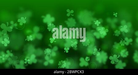 Sfondo del giorno di San Patrizio fatto di foglie di trifoglio sfocate in colori verdi con ripetizione orizzontale senza giunture Illustrazione Vettoriale