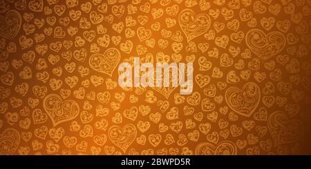 Sfondo di cuori grandi e piccoli con ricci in giallo e dorati. Illustrazione di San Valentino. Illustrazione Vettoriale