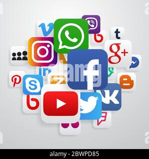 VORONEZH, RUSSIA - 11 GENNAIO 2020: Globo fatto di icone popolari dei social media in blu scuro colori: youtube, instagram, twitter, facebook, whatsapp, pi Illustrazione Vettoriale