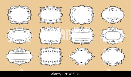 Etichetta ornamentale cornici artigianali set. Etichetta adesiva elegante Royal ornate. Collezione decorativa vintage con cornice riccia vuota. Vecchi elementi calligrafici di divisore, arricciatura e turbolenza. Illustrazione vettoriale isolata Illustrazione Vettoriale