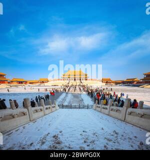 Pechino, Cina - 9 2020 gennaio: Taihedian (Sala della Suprema armonia) originariamente costruito nel 1406, è la sala più grande della Città Proibita, situata presso la sua Foto Stock