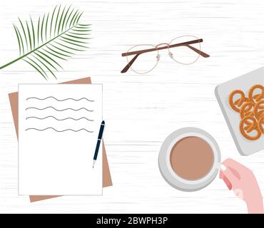 Vista dall'alto degli occhiali da caffè con biscotti note sul tavolo con illustrazione vettoriale dal design moderno e piatto. Illustrazione Vettoriale