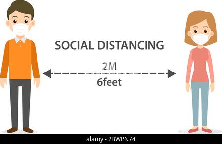 Uomo nero e donna che indossa maschera medica a distanza sociale mantenere per prevenire il virus Illustrazione Vettoriale