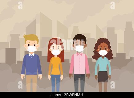 Gruppo di persone che indossano maschere facciali di protezione dall'aria contaminata e fumo sullo sfondo della città. Illustrazione Vettoriale