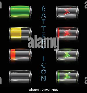 Set realistico di icone di indicatori di livello della batteria Illustrazione Vettoriale