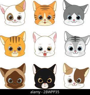 Carino set di Cat Head Collection sorridente, Vector Illustration Illustrazione Vettoriale