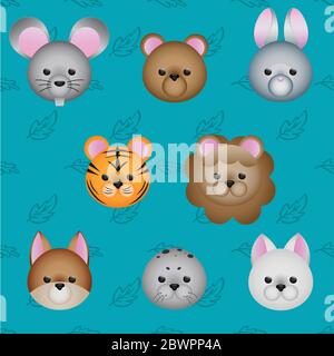 Carino cartoon Animali faccia set di icone, illustrazione vettoriale Illustrazione Vettoriale