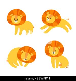 Set di leoni felici per stampe e motivi su tessuto, carta e altri materiali. Illustrazione vettoriale in stile carino cartone animato Illustrazione Vettoriale
